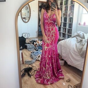 Jovani Vibrant Pink and Gold Prom Dress